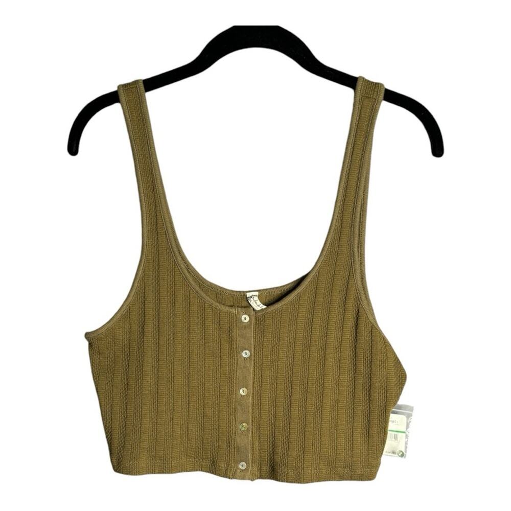 Free People Olive Green Ribbed Cropped Buttoned Front Tank Large